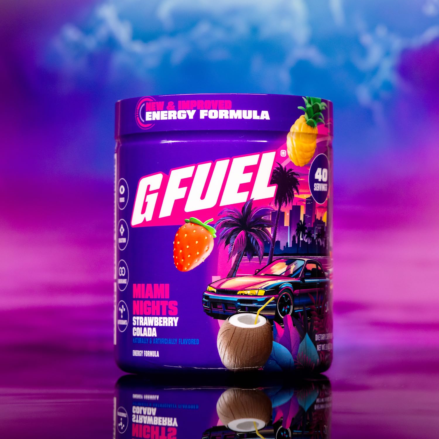 G Fuel Miami Nights 2.0 bottle label shows vitamin blend designed for daily focus
