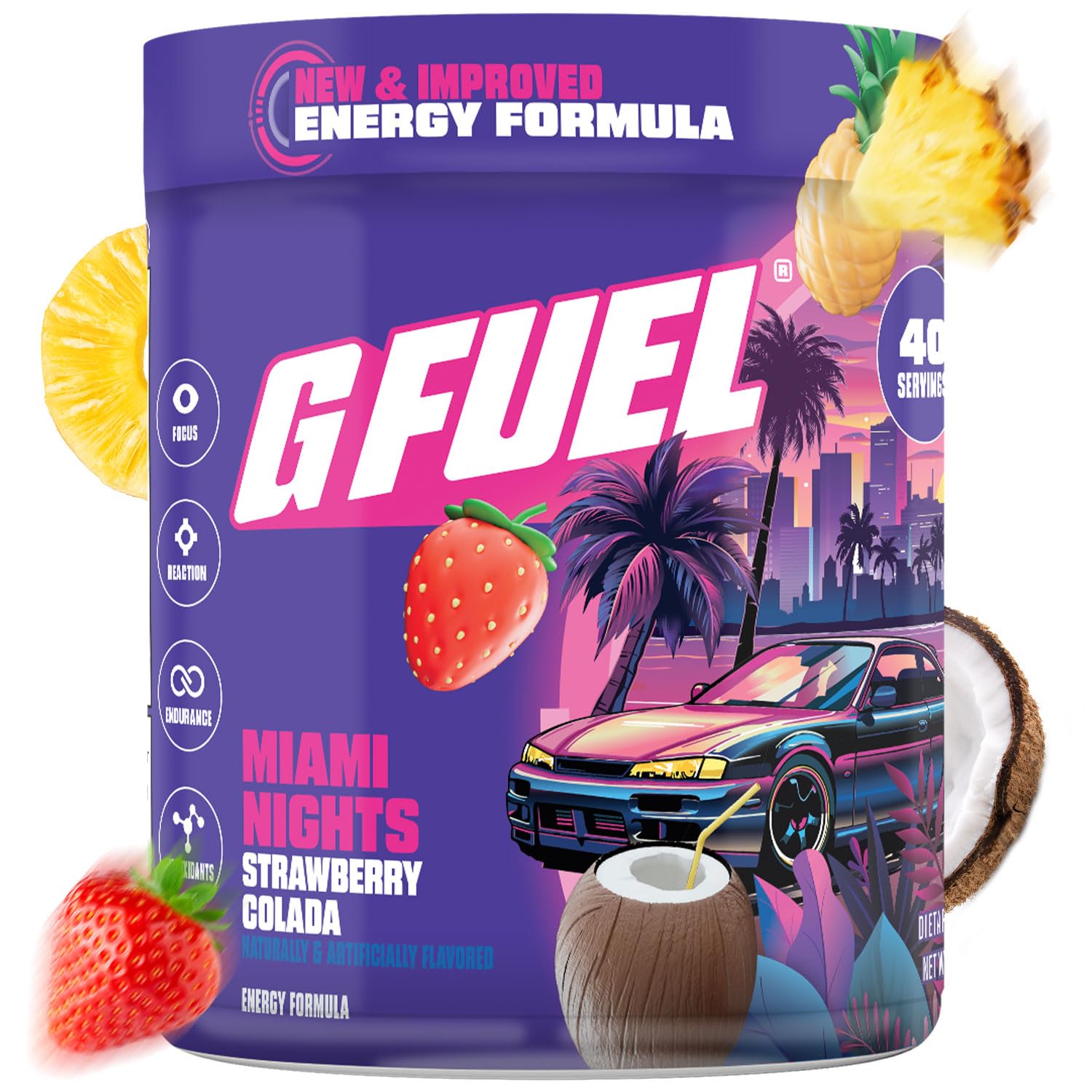 G Fuel Miami Nights 2.0 bottle pour highlights sugar free energy for gaming sessions