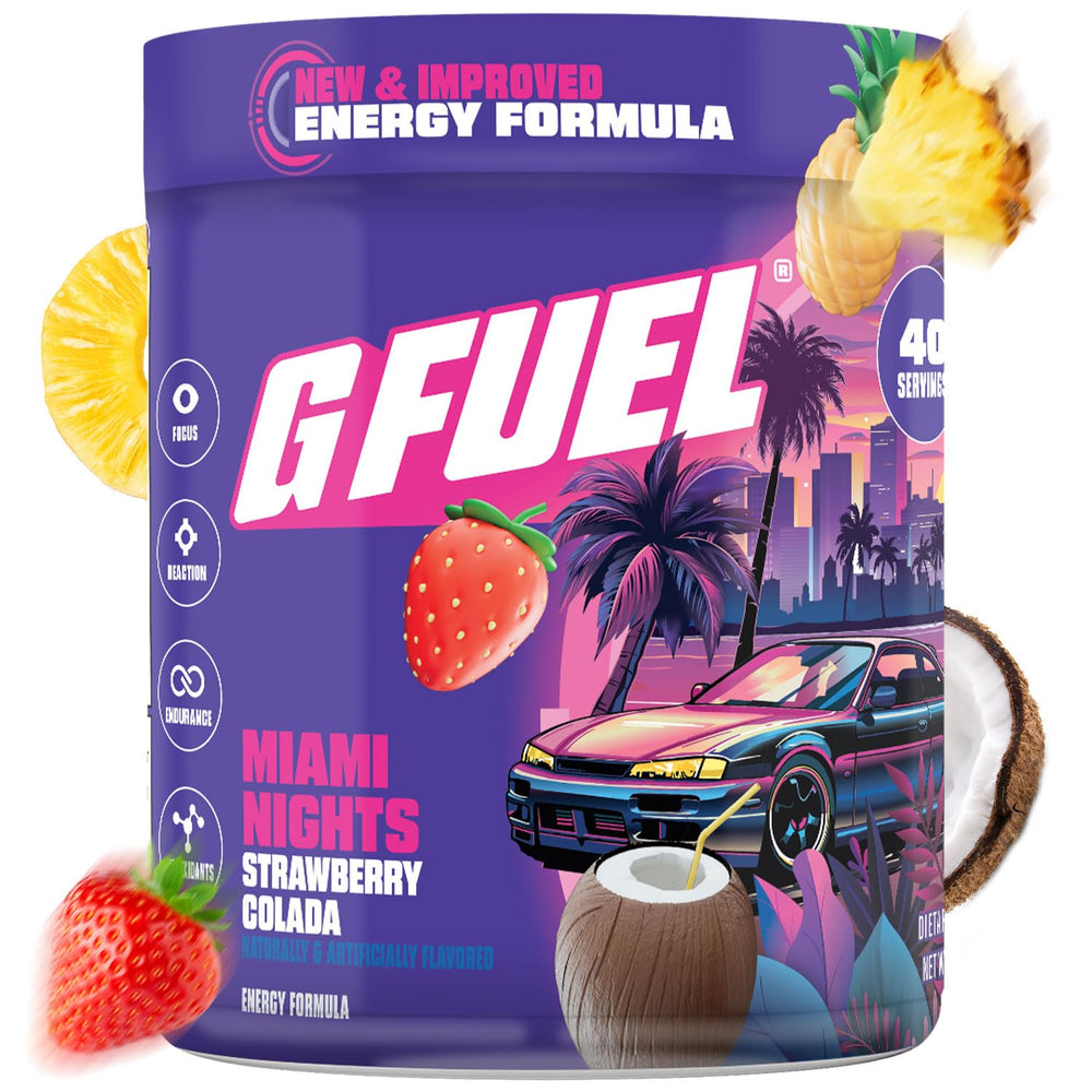 G Fuel Miami Nights 2.0 bottle pour highlights sugar free energy for gaming sessions
