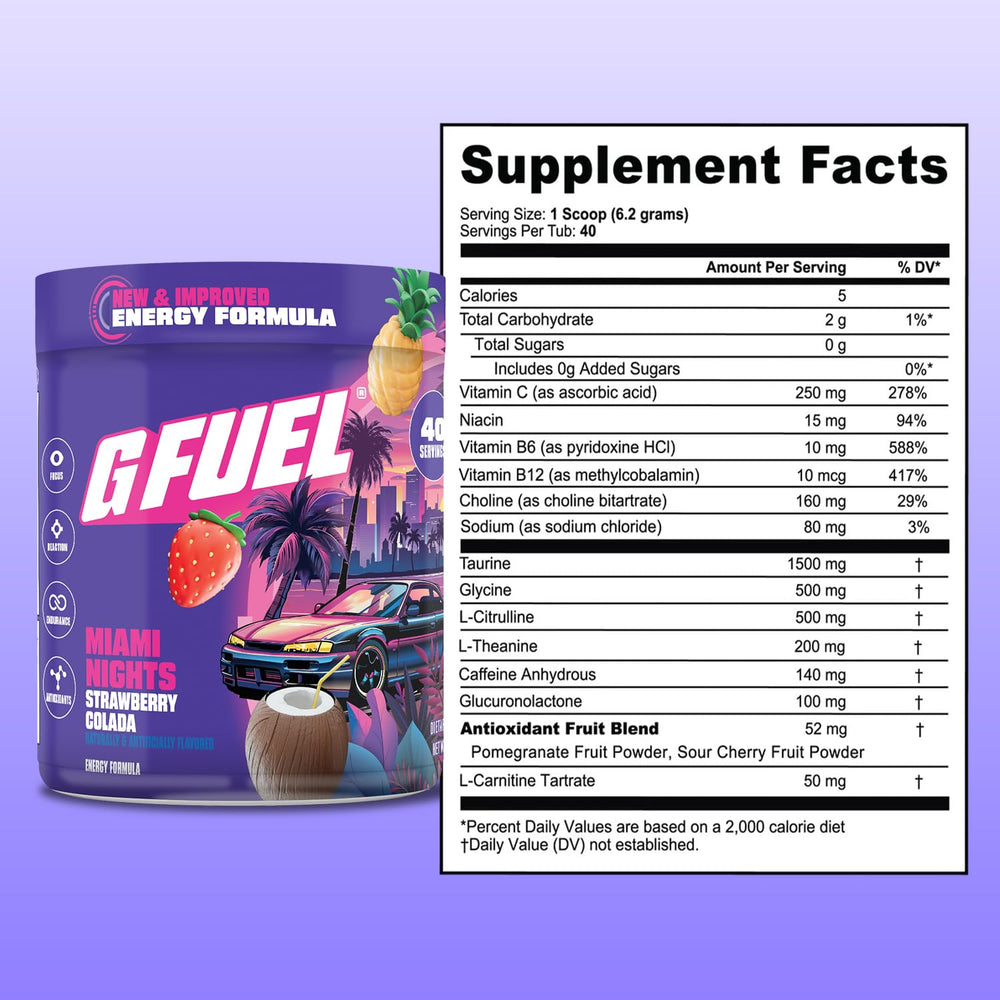 G Fuel Miami Nights 2.0 gaming setup ambience suggests energized mood without crash