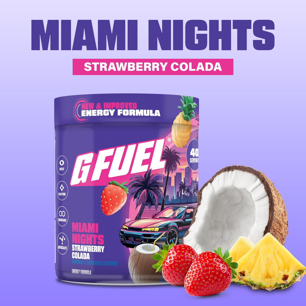 G Fuel Miami Nights 2.0 powder closeup emphasizes antioxidant rich formula
