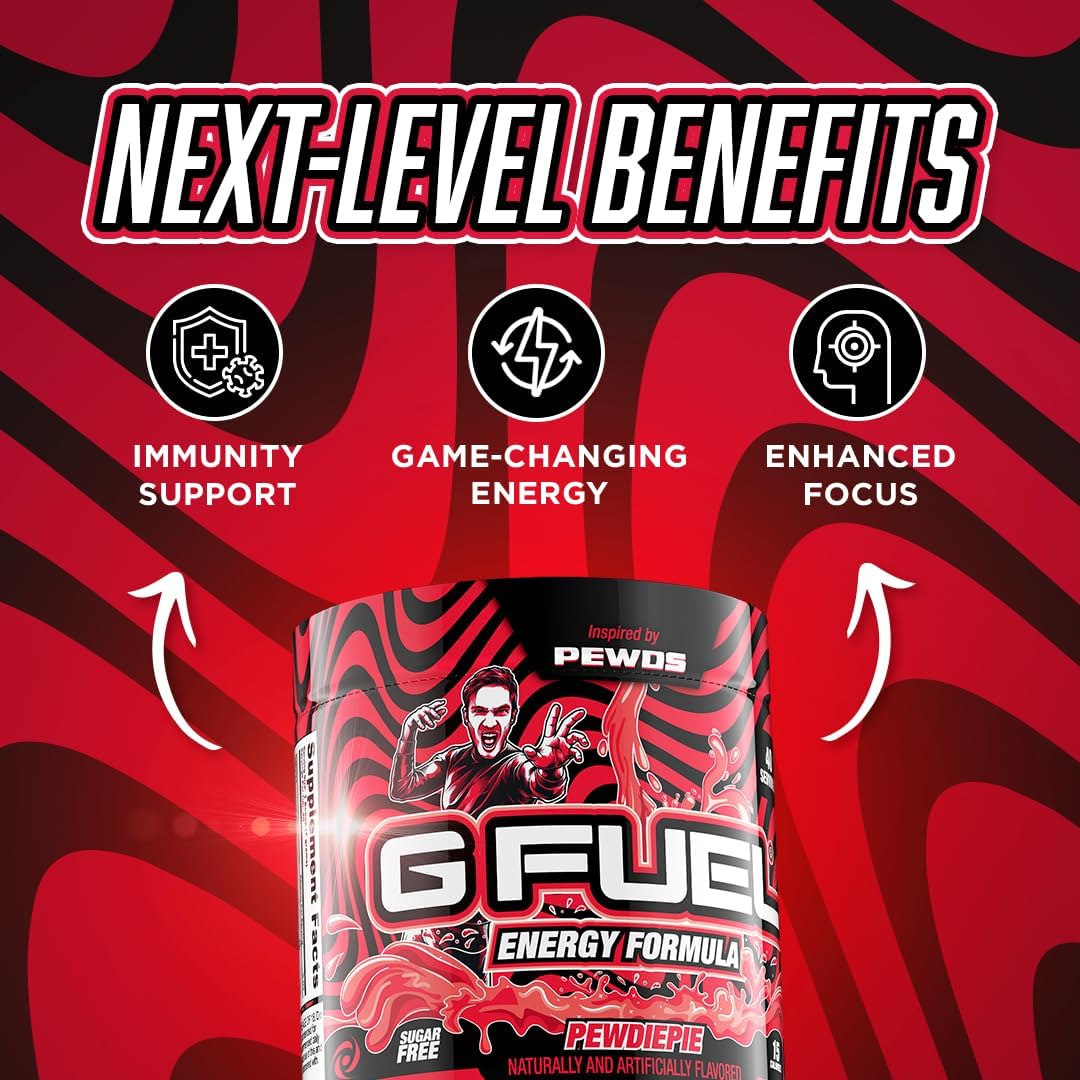 Pouring G Fuel PewDiePie lingonberry into glass reveals vibrant color.