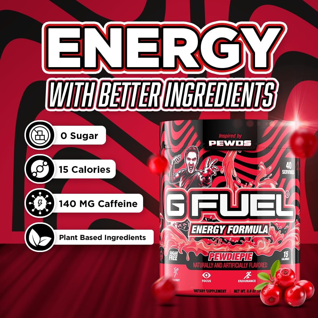 G Fuel PewDiePie powder scoop beside lingonberry flavor for easy mixing.