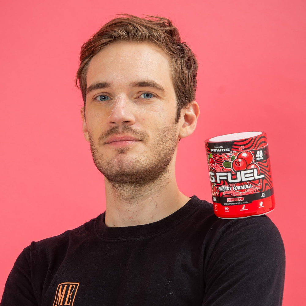 G Fuel PewDiePie ready-to-drink setup for gaming desk.
