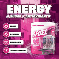 G Fuel Pink Drip scoop pouring powder supports sustained energy without sugar crash
