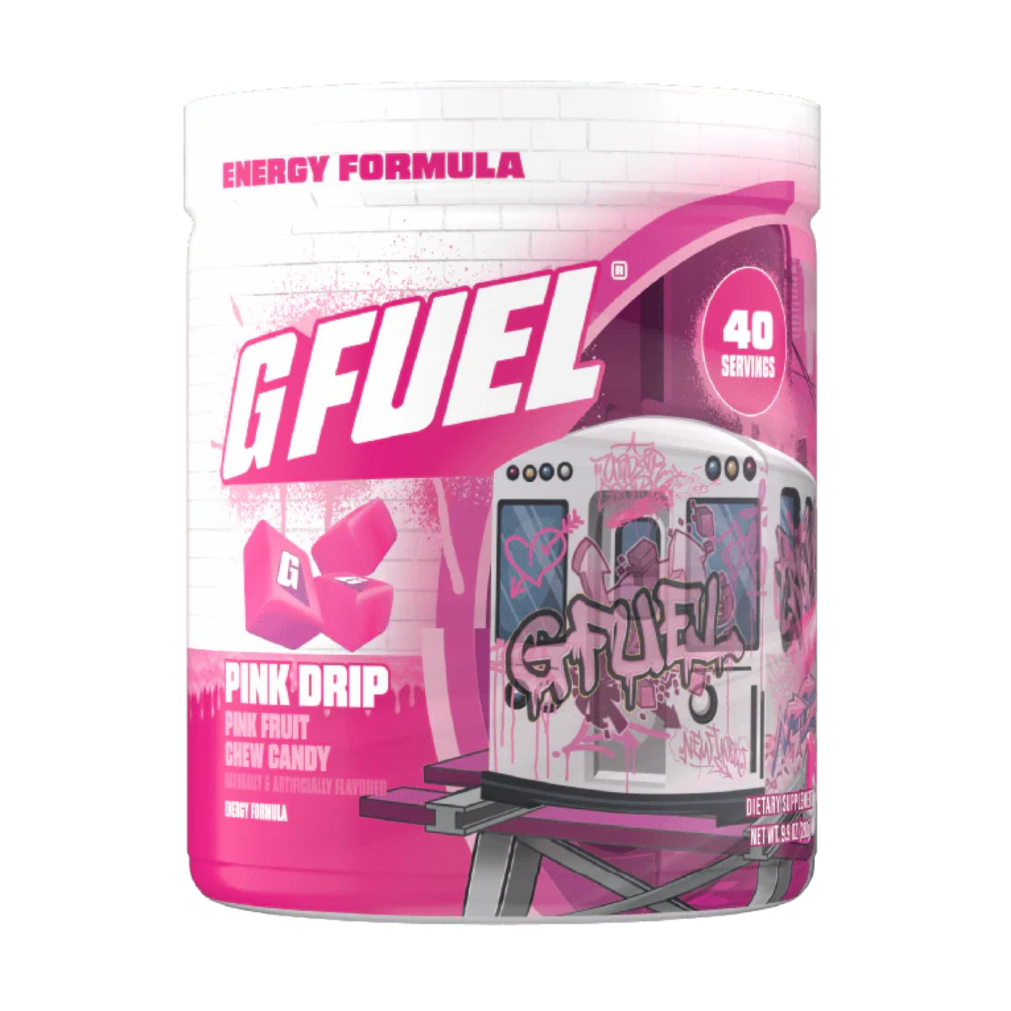 G Fuel Pink Drip energy powder tub with pink fruit candy flavor for focused gaming sessions