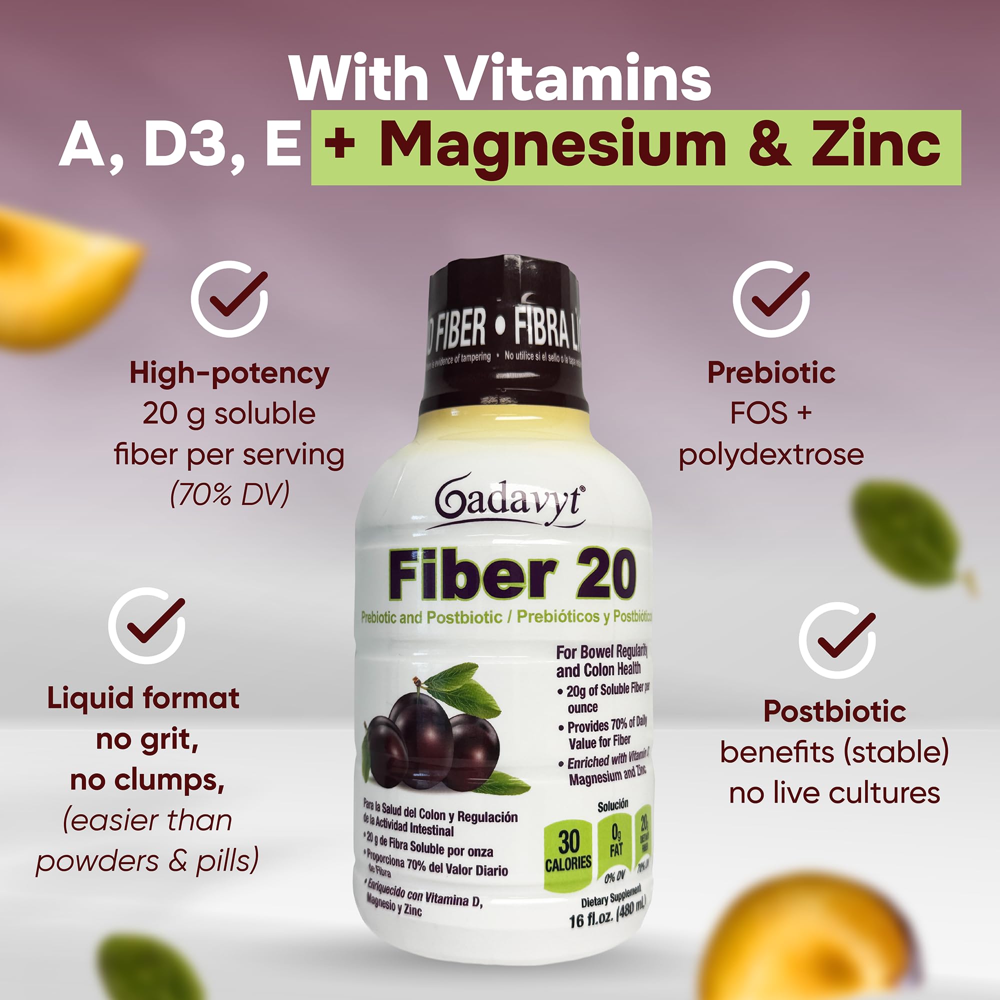 GADAVYT Fiber 20 pour-glass demonstrates easy, smooth fiber beverage for regularity.