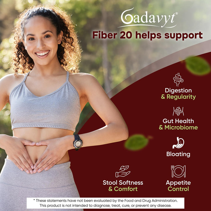 GADAVYT Fiber 20 vitamin-infusion visual emphasizes vitamins A, D3, E and magnesium.