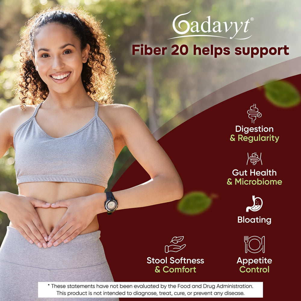 GADAVYT Fiber 20 vitamin-infusion visual emphasizes vitamins A, D3, E and magnesium.