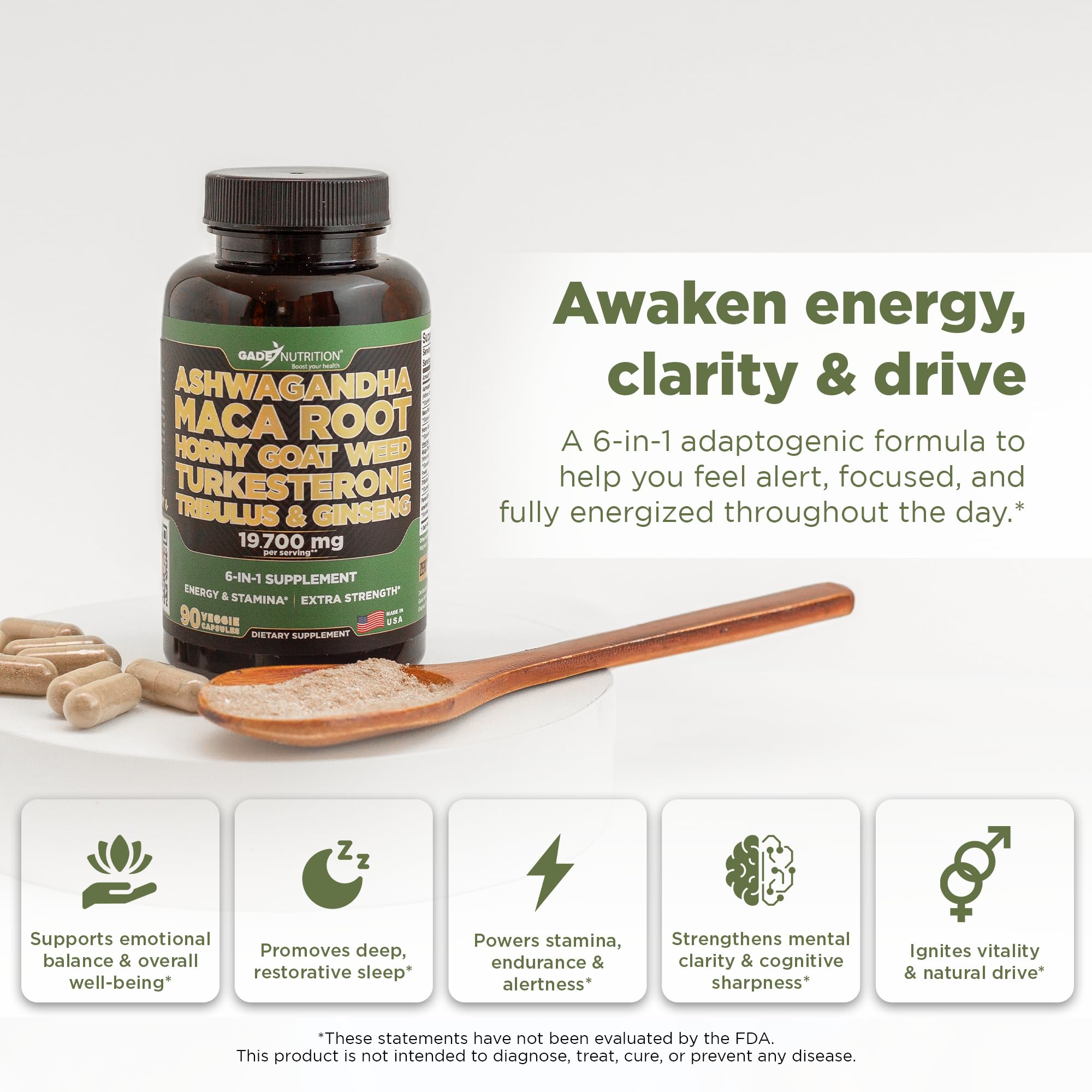GADE NUTRITION Ashwagandha capsules closeup supports focus and resilience