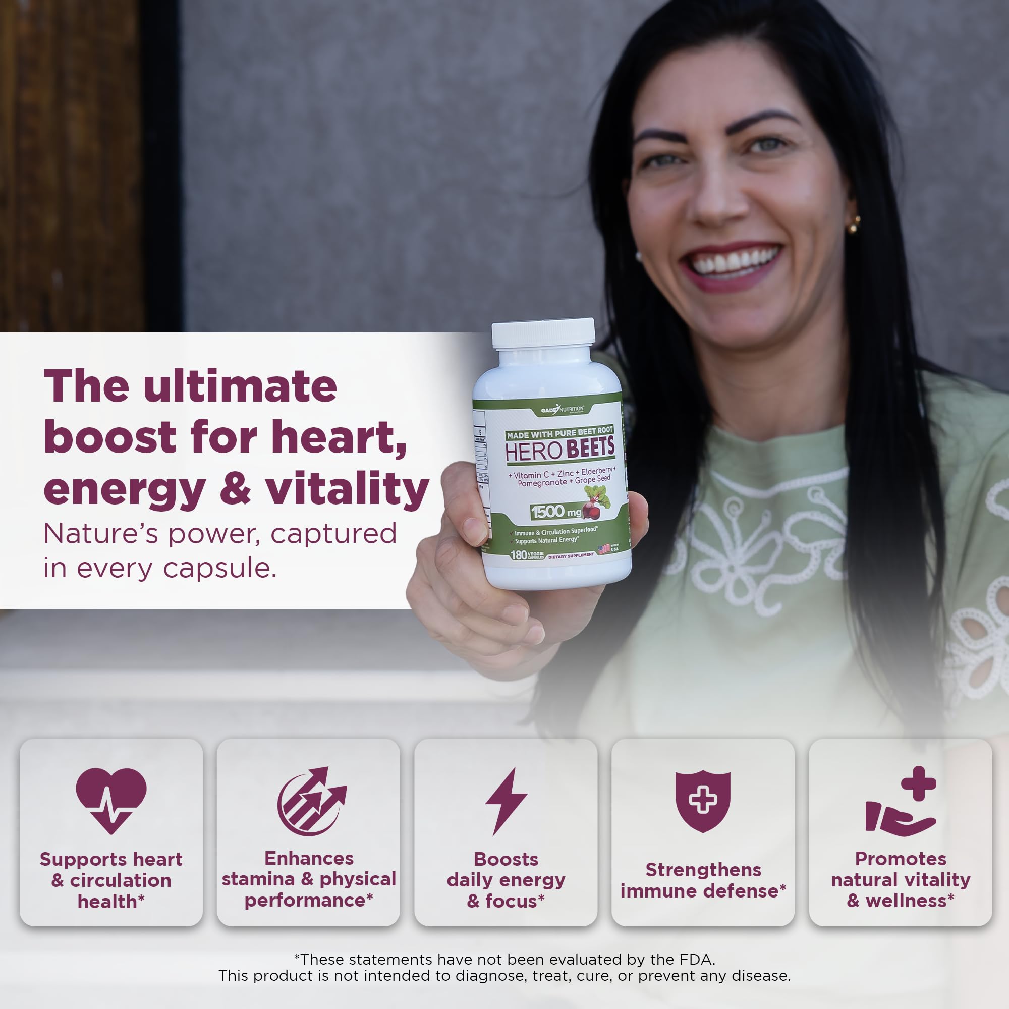 Gade Nutrition Hero Beets bottle side label highlights 1500 mg beet root formula