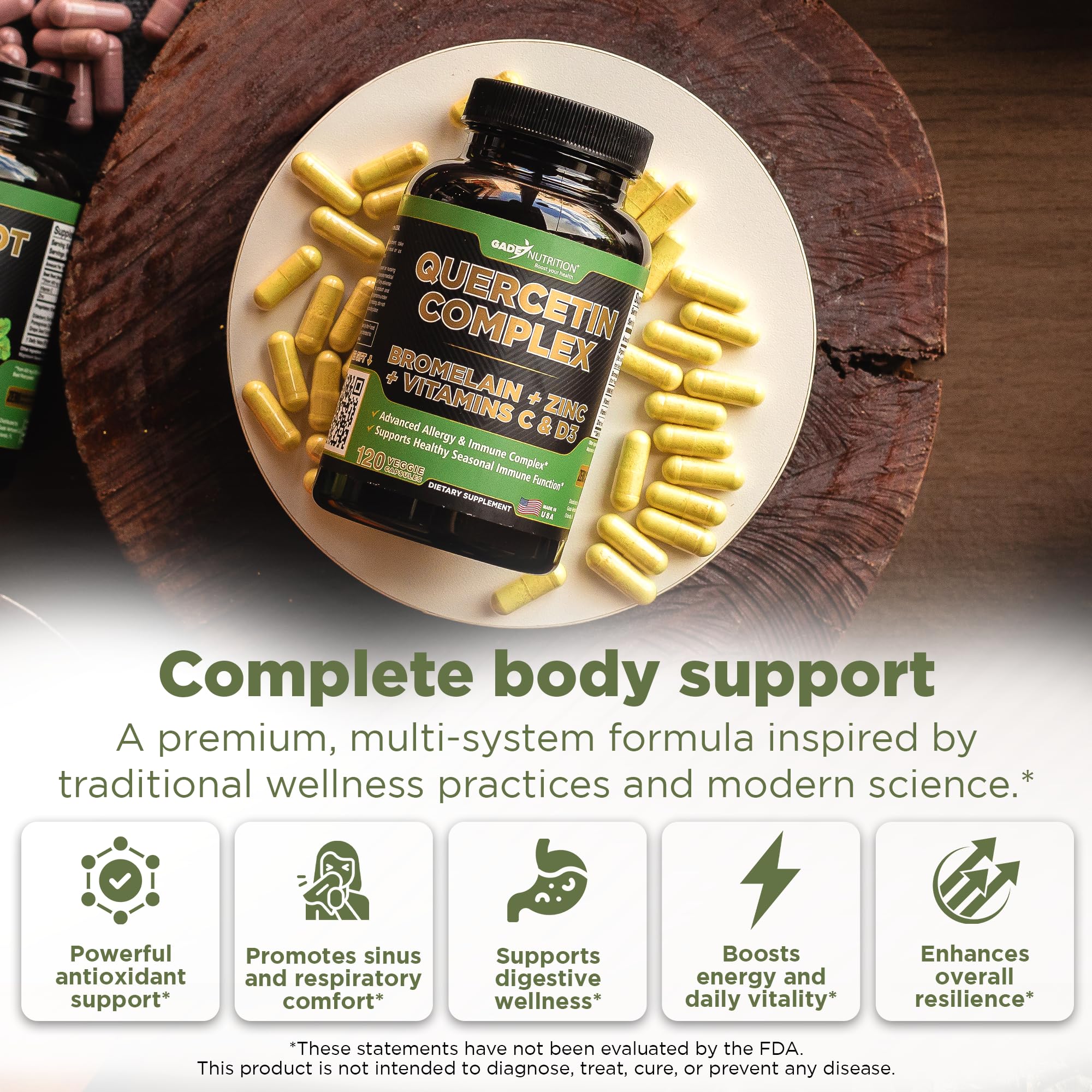 GADE NUTRITION quercetin bromelain capsules on display emphasizing absorption support