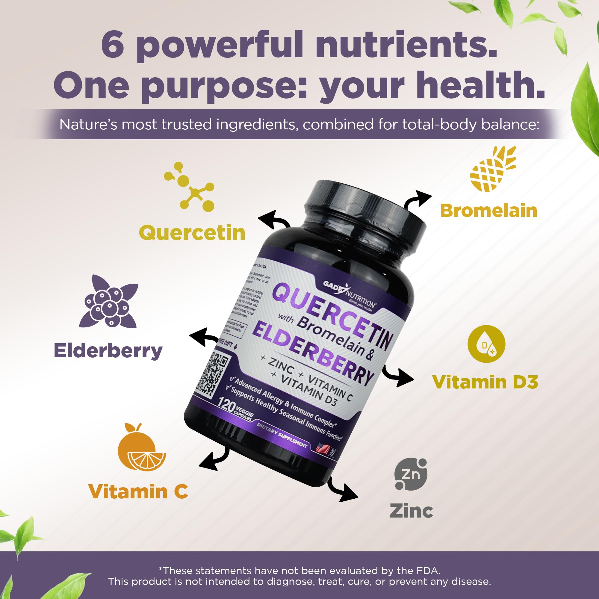 Gade Nutrition quercetin supplement label highlights zinc and vitamin D3 for immune support