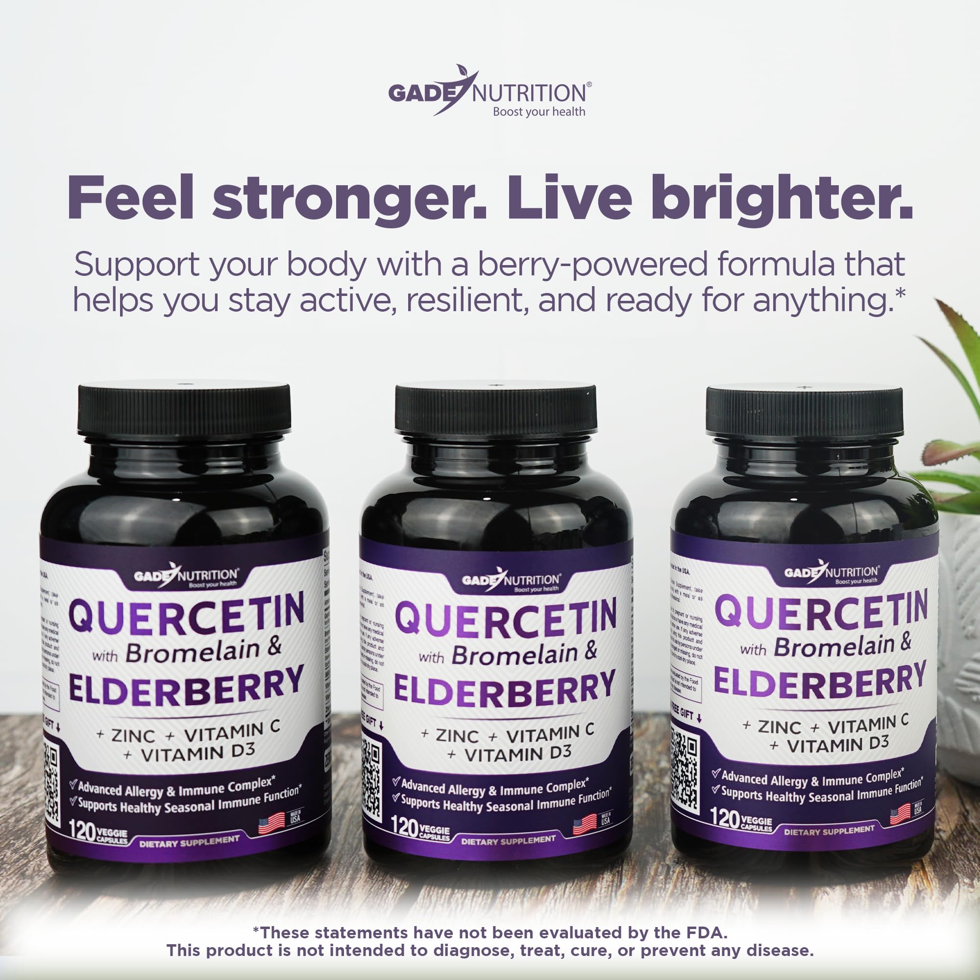 Gade Nutrition Quercetin bottle notes Vitamin C and Zinc for daily defense