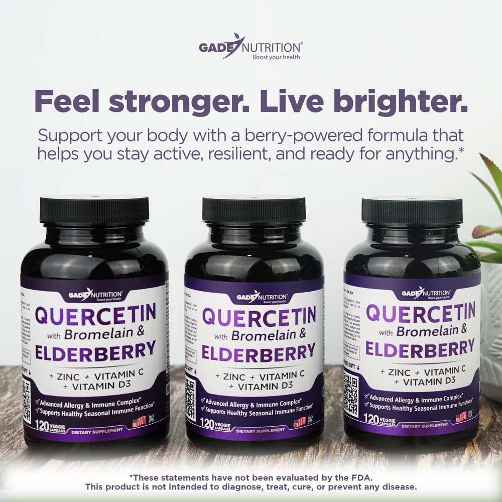 Gade Nutrition Quercetin bottle notes Vitamin C and Zinc for daily defense