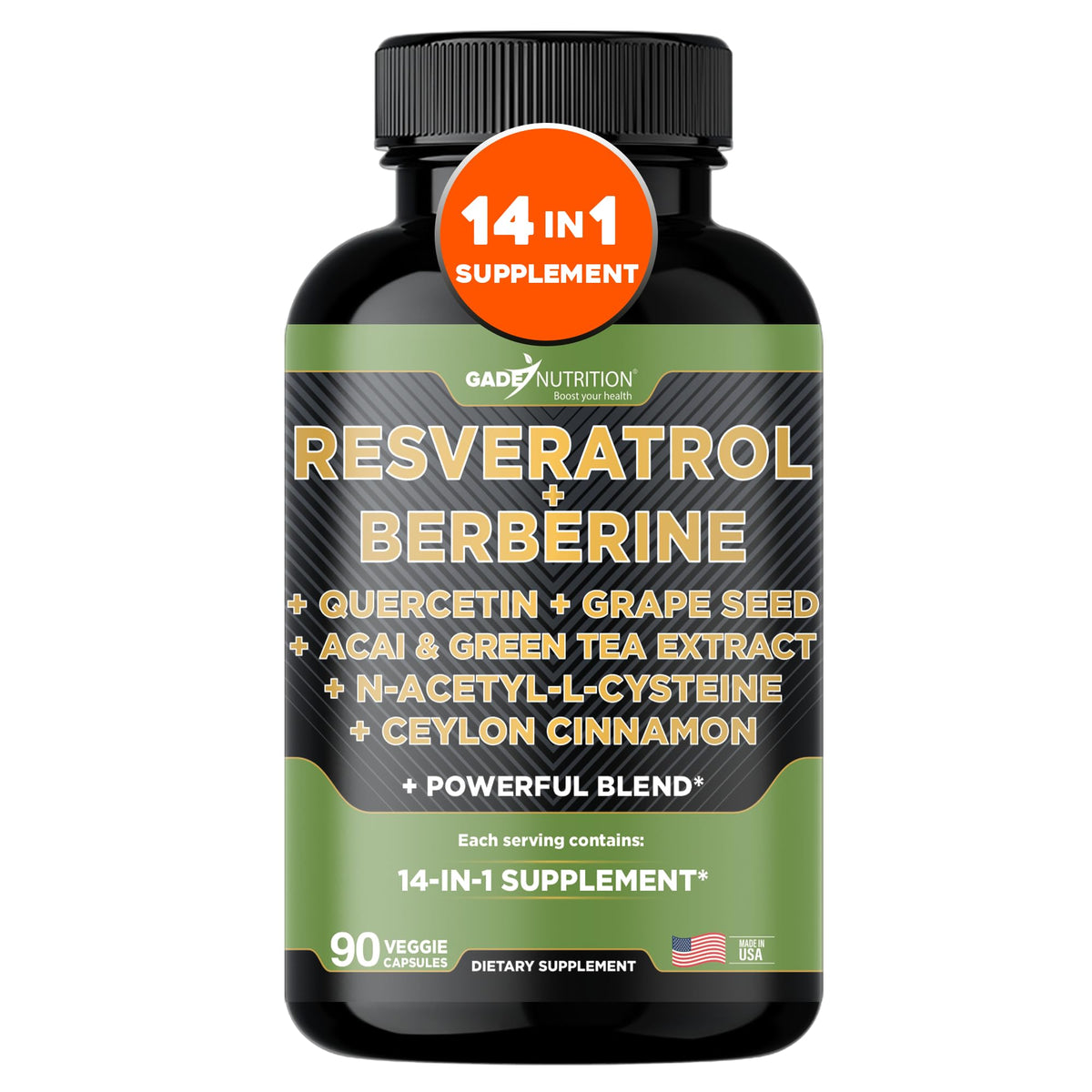 Gade Nutrition Resveratrol-Berberine-Quercetin capsules for daily antioxidant support.
