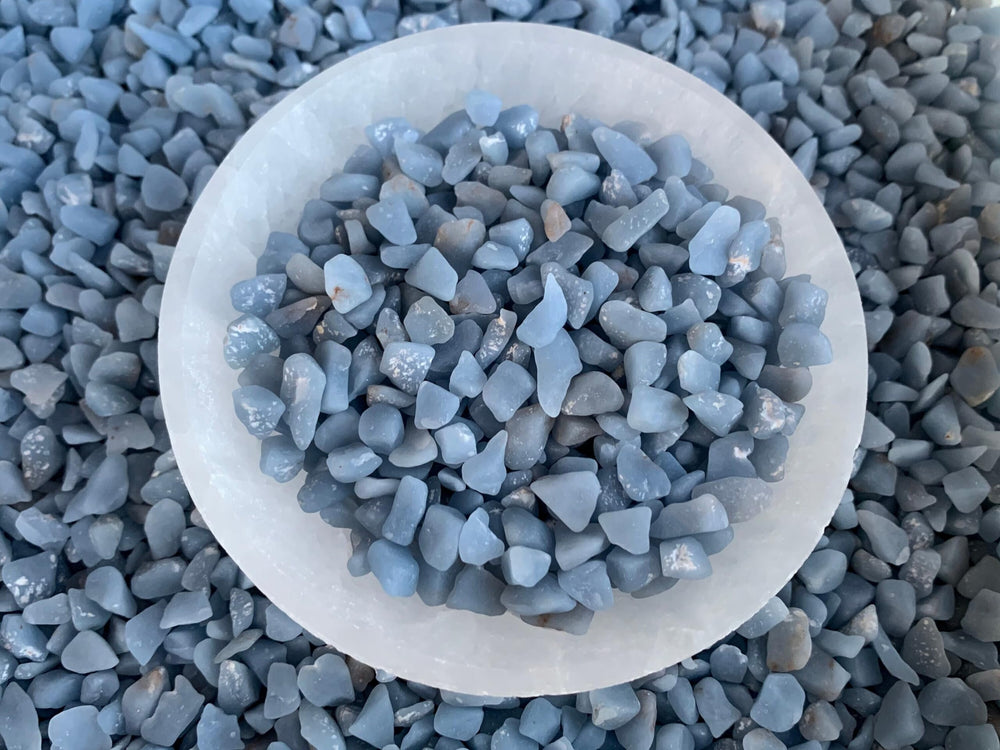 Bulk Angelite Chips 1/8 lb option from GAF TREASURES for small projects