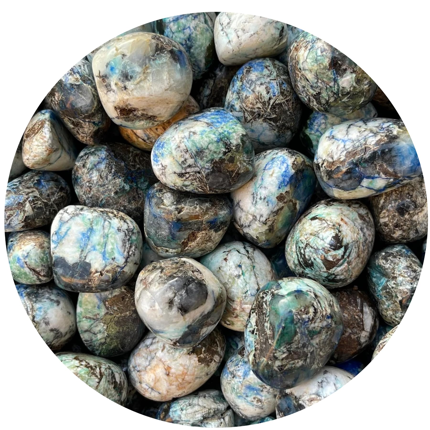 GAF TREASURES azurite malachite tumbled stones close-up for meditation and focus.