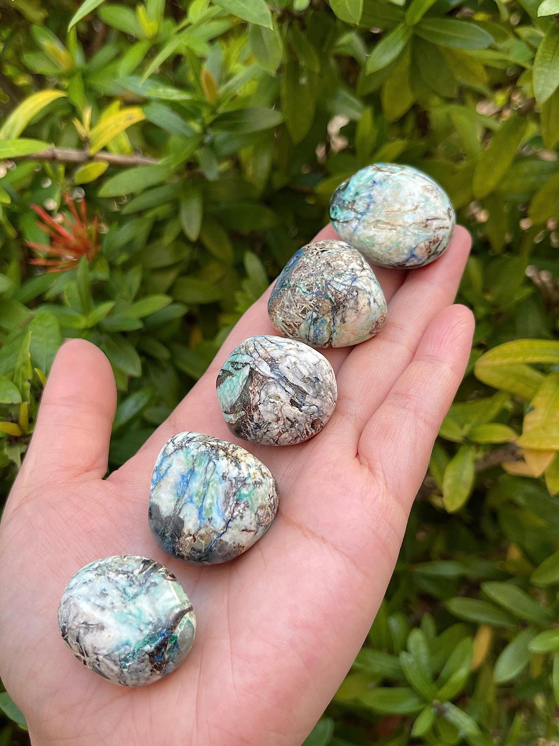 GAF TREASURES azurite malachite tumblestones vary by batch with unique patterns.