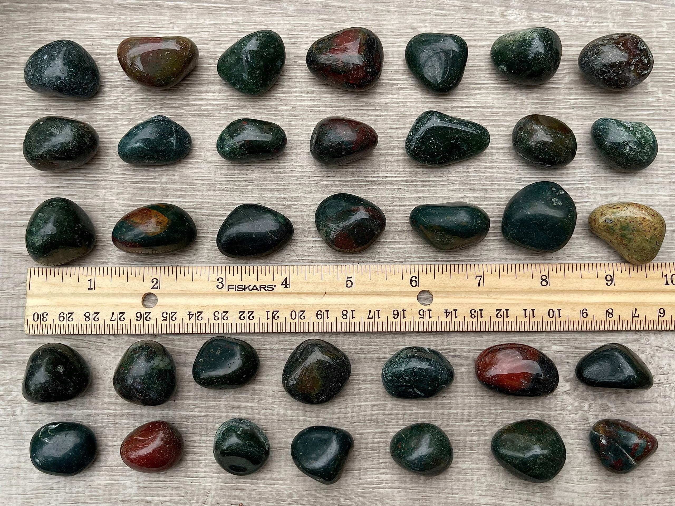 GAF TREASURES Bloodstone tumbled stones showing natural size variation and color
