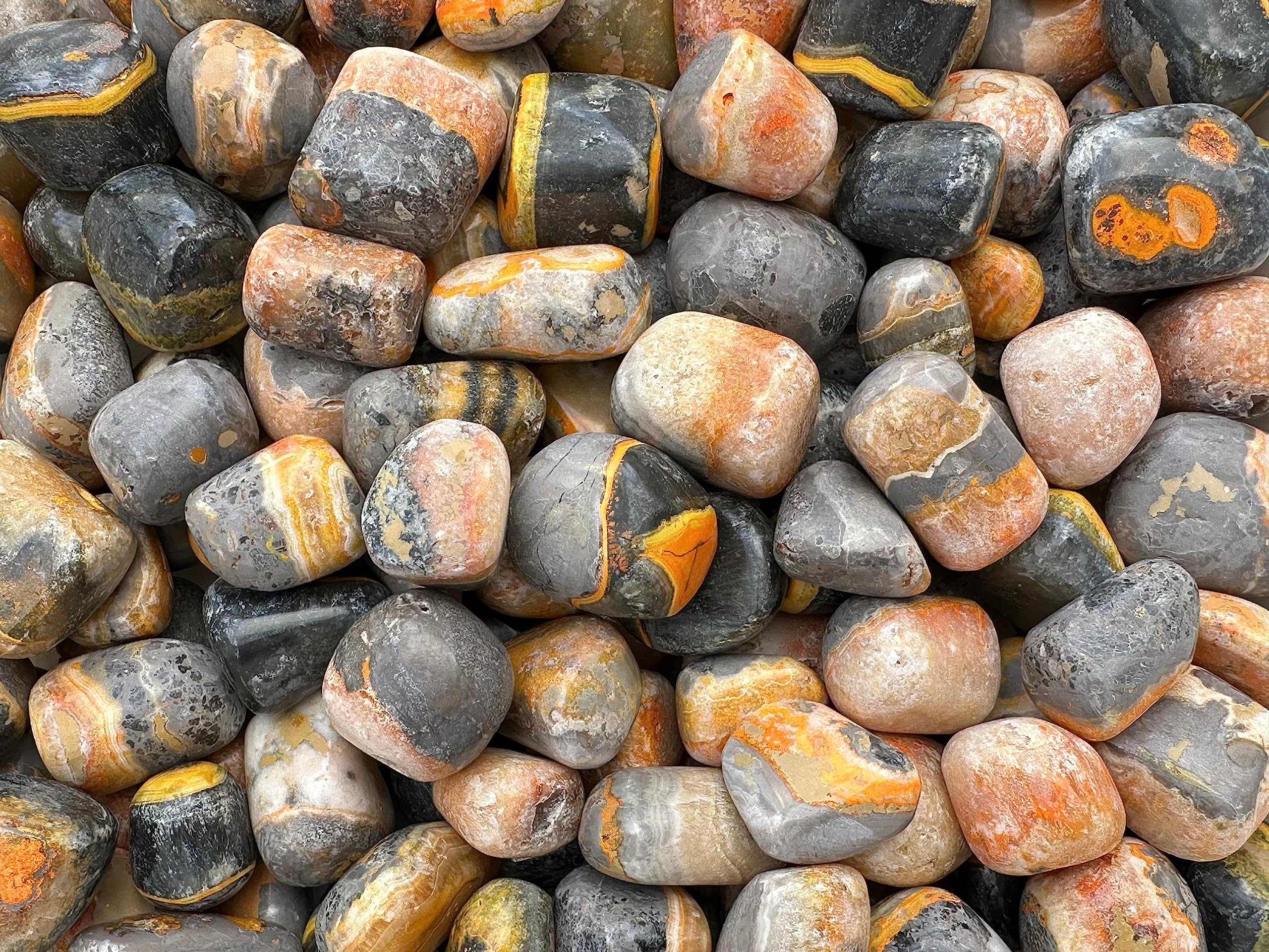 GAF Treasures Bumble Bee Jasper tumbled stones sized 0.75 to 1.25 inches.