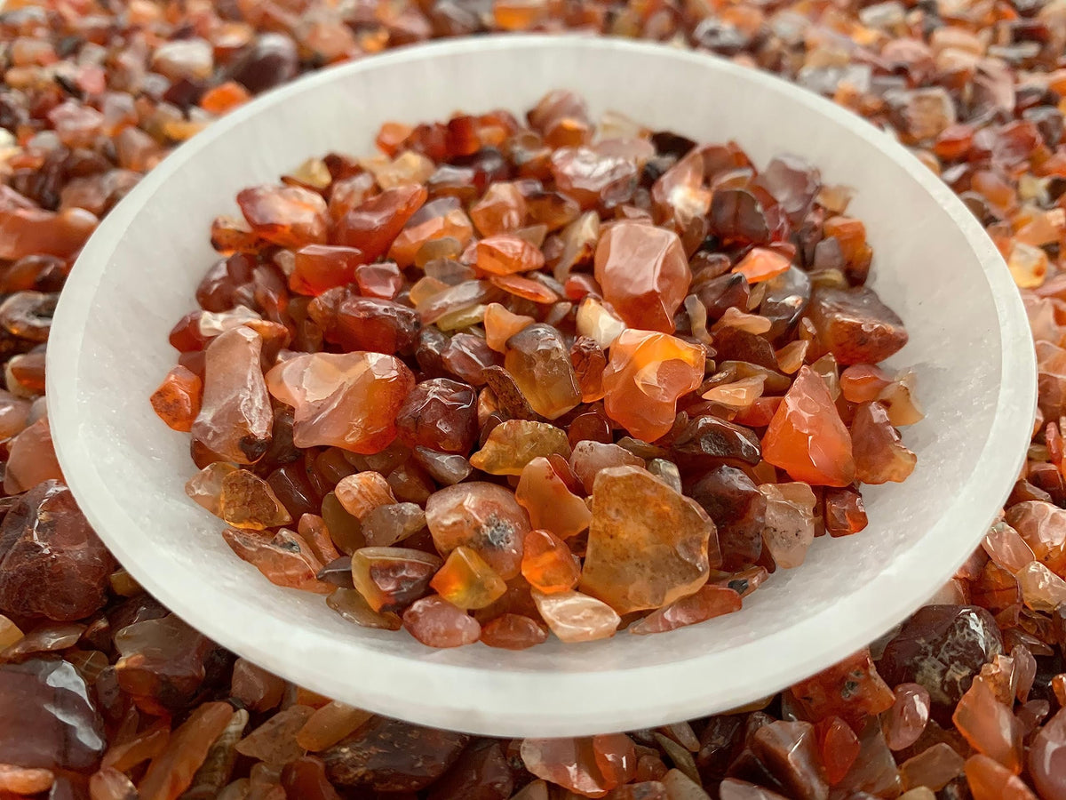 GAF TREASURES Carnelian chips close-up for crafting and decor.