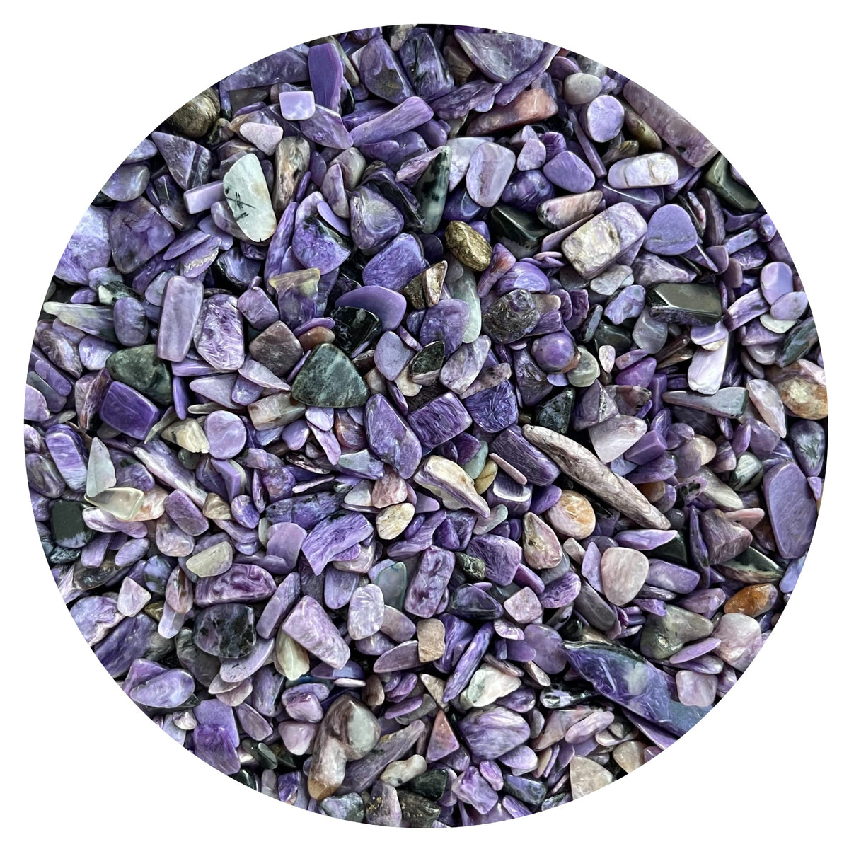 GAF TREASURES Charoite chips close-up for jewelry design and home decor.