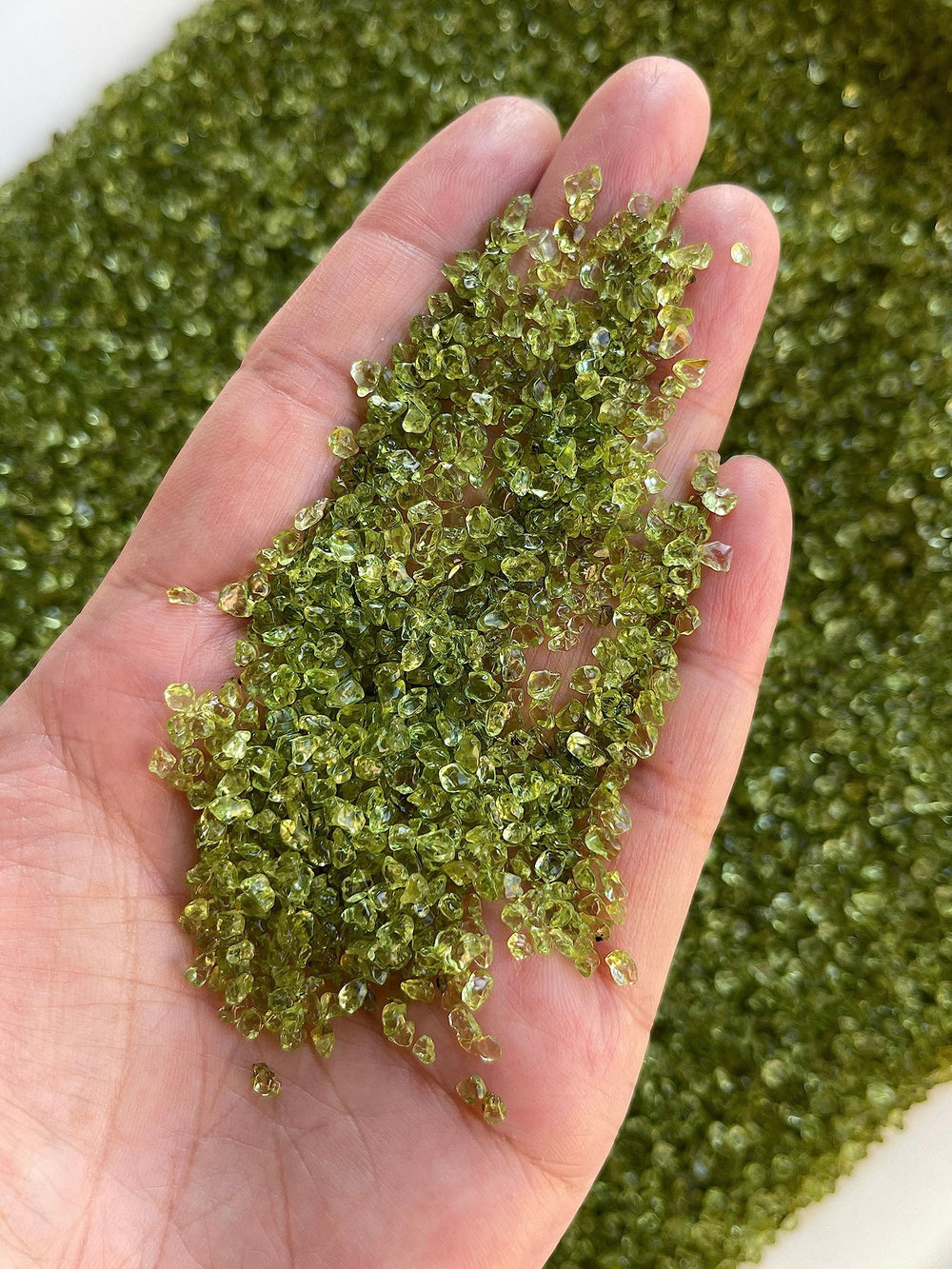GAF Treasures Crushed Undrilled Peridot for DIY projects and craft embellishments.