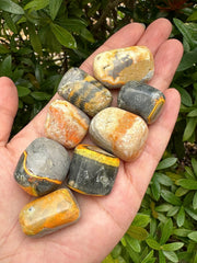 GAF Treasures Bumble Bee Jasper tumbled stones show natural color bands for mindful rituals.