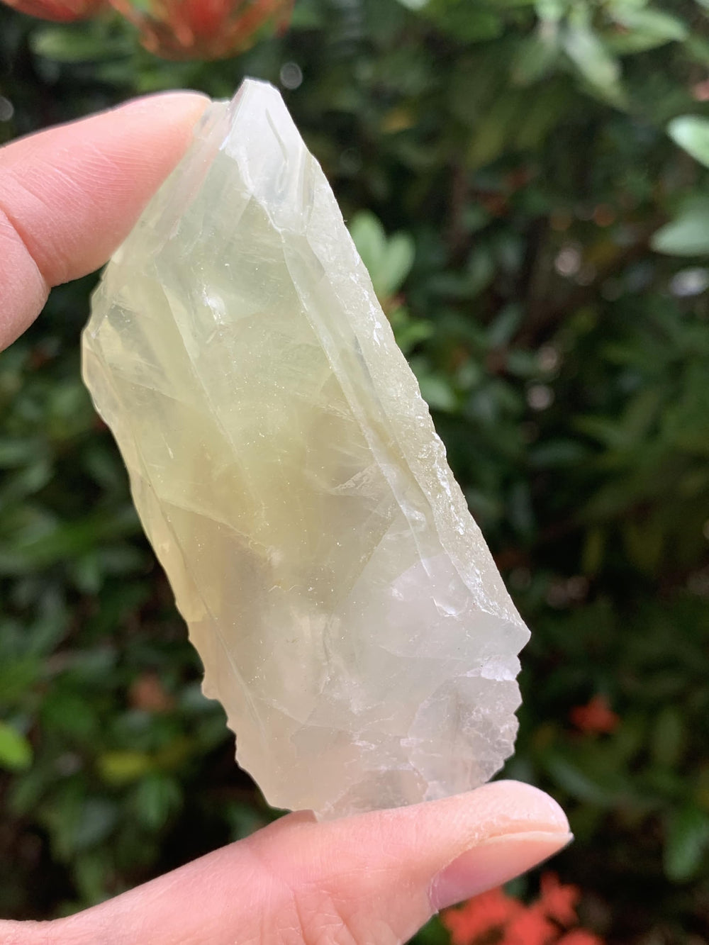 GAF TREASURES green calcite rough in hand for scale and appreciation