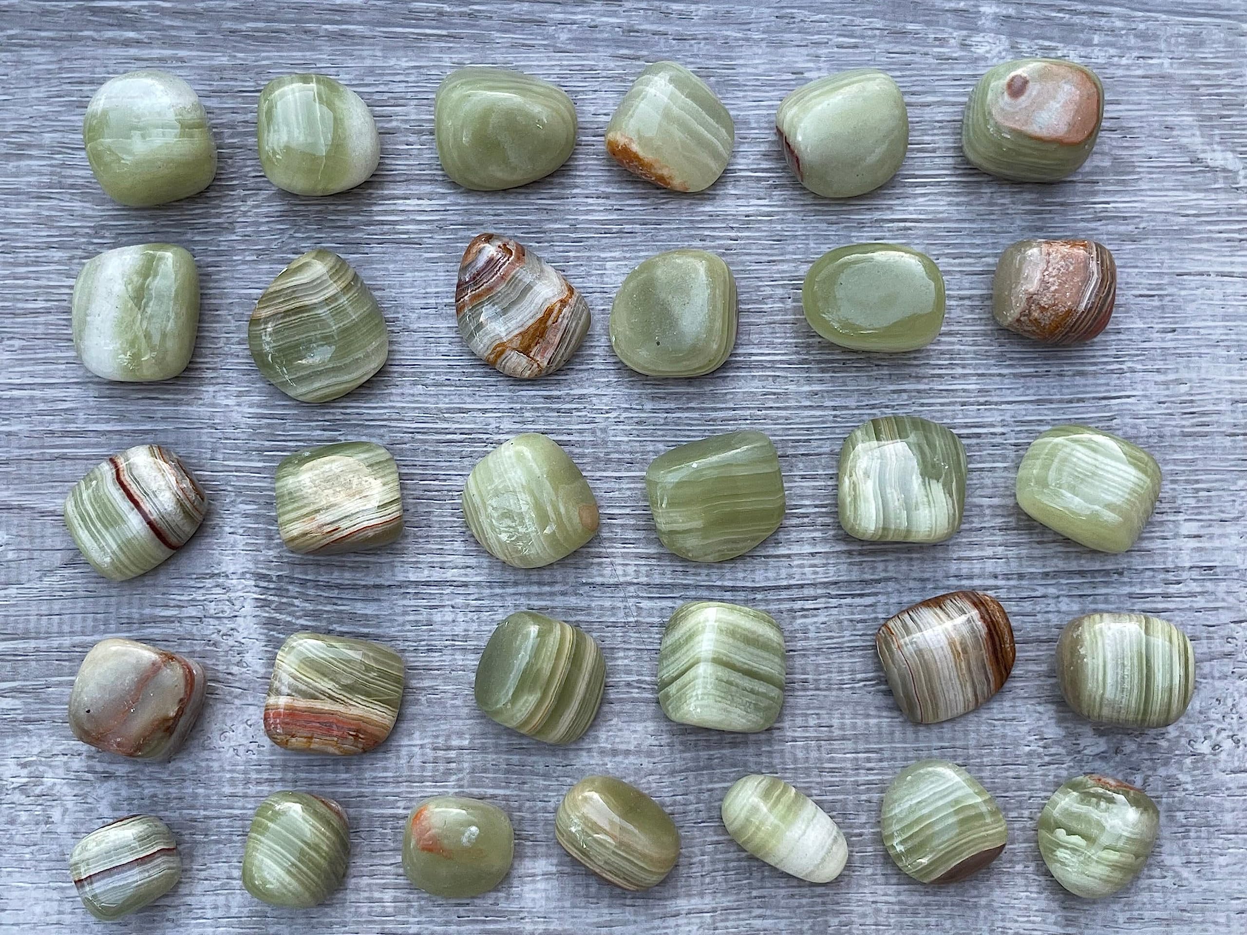 Green Onyx stones arranged for grid work and display
