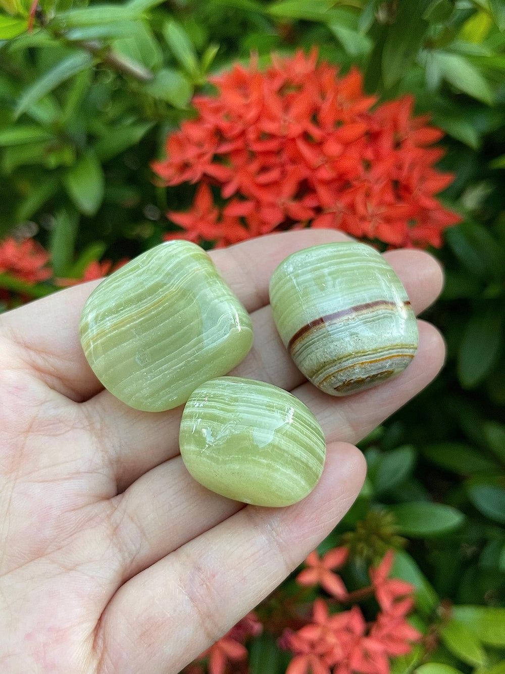 Green Onyx stones vary in size, ideal for grid layouts