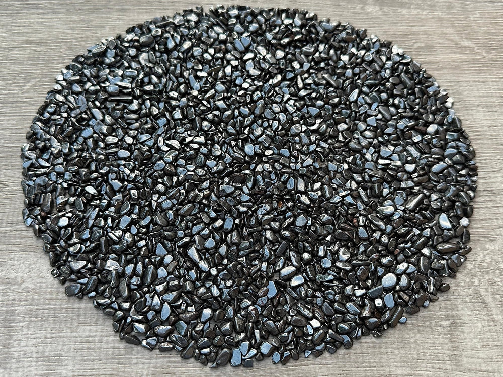 GAF TREASURES hematite chips as vase filler for table decor.