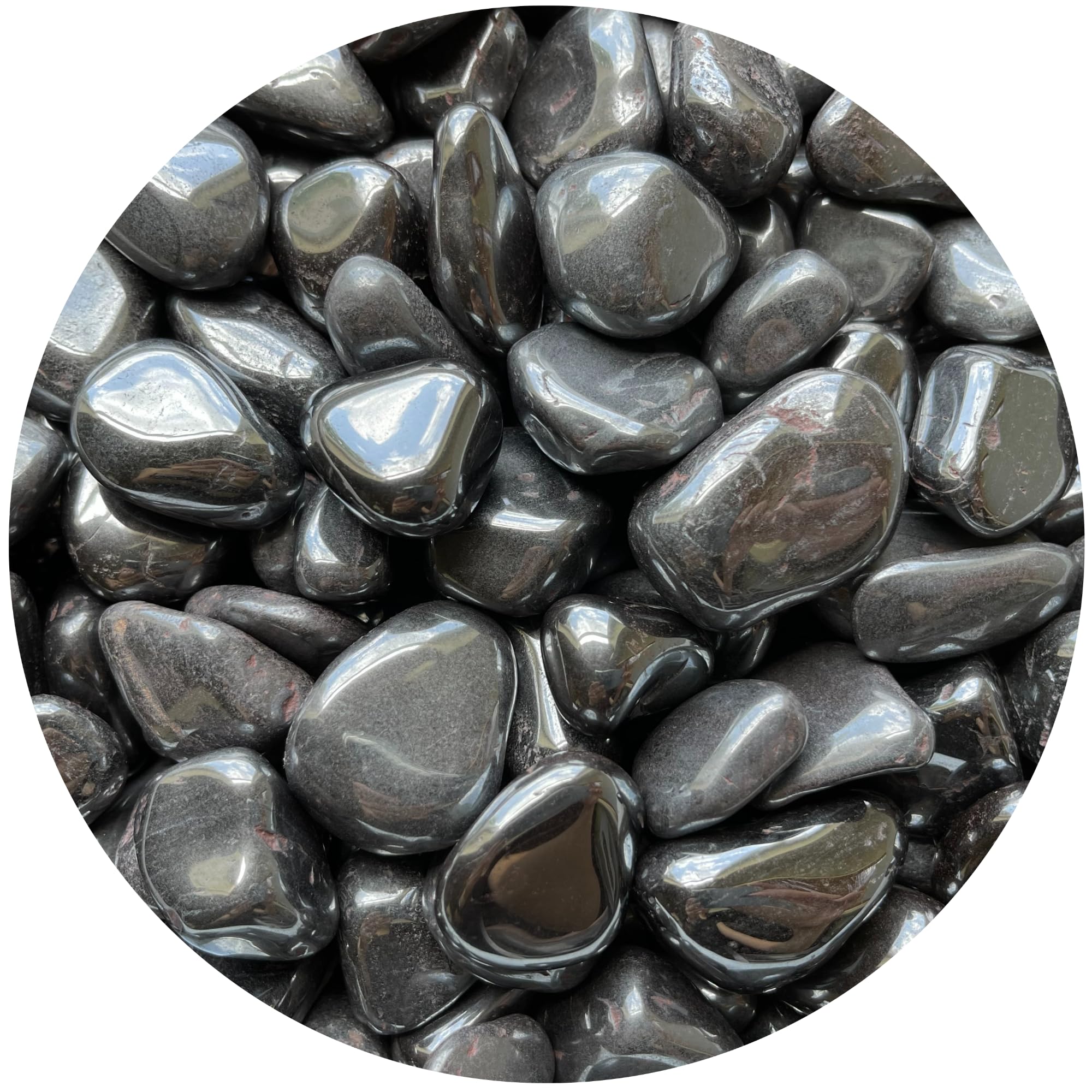 GAF TREASURES hematite tumbled stones closeup showing metallic luster ideal for jewelry making