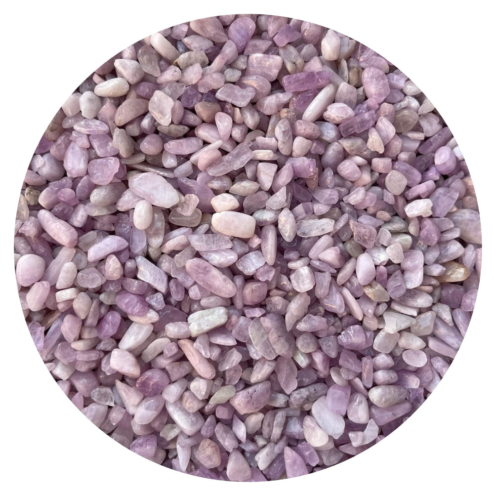 GAF TREASURES Kunzite chips 5-12mm closeup for jewelry and decor projects.