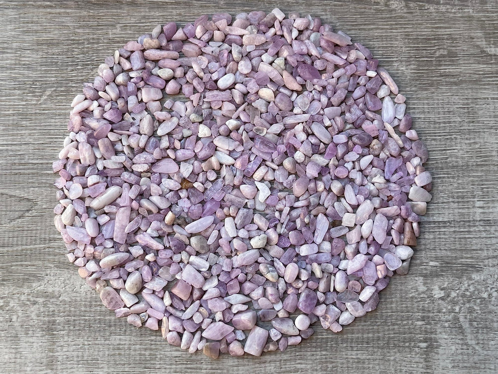 GAF TREASURES Kunzite chips in wood work embellishment for inlays.
