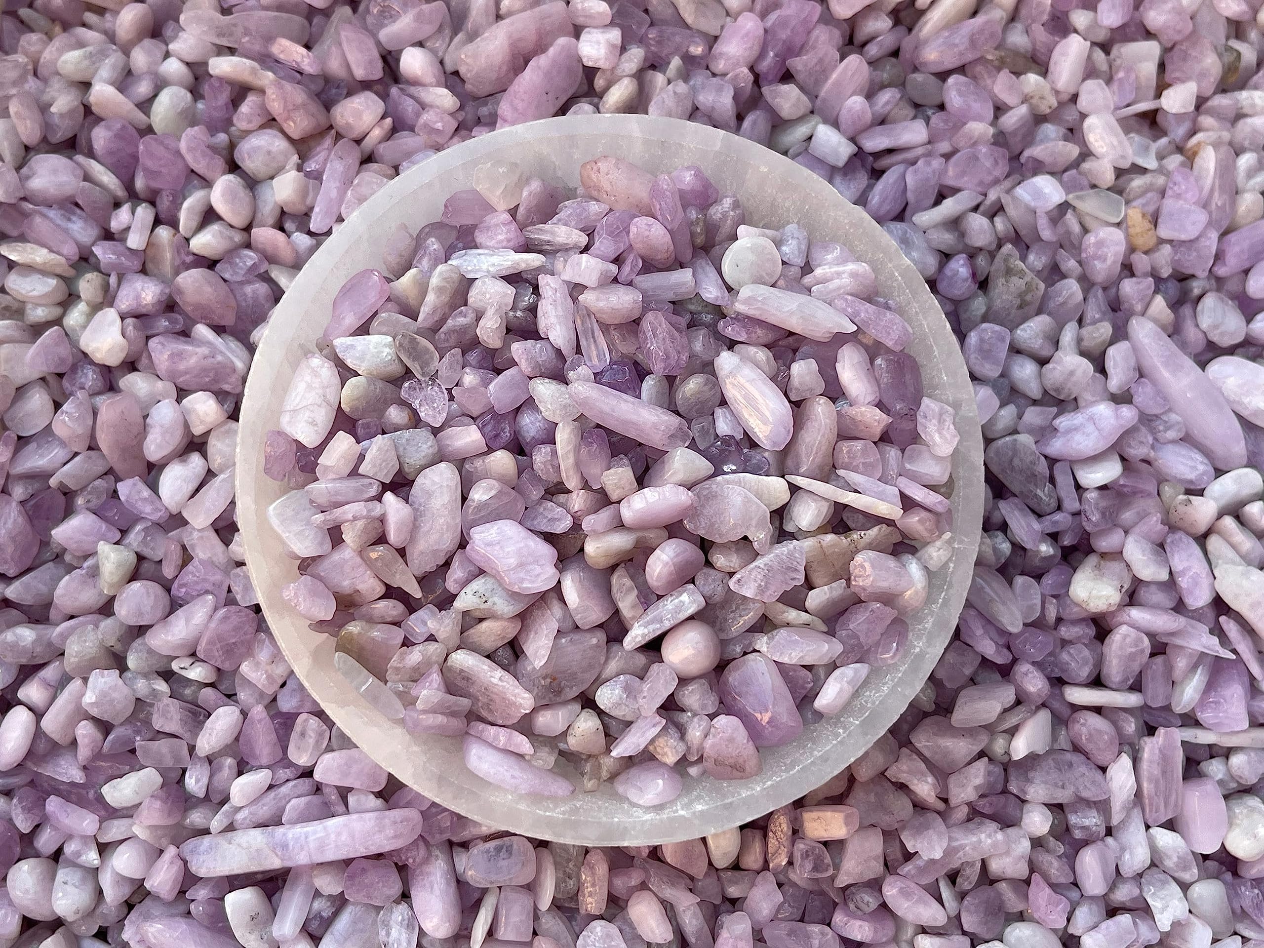 GAF TREASURES crushed Kunzite mini crystals for bulk supply and crafting.