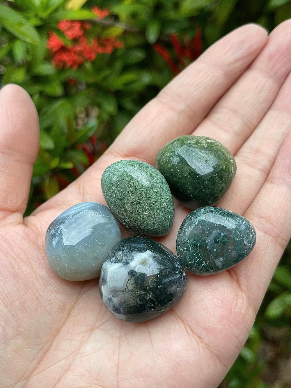 GAF Treasures Moss Agate stones set up for Reiki or energy work