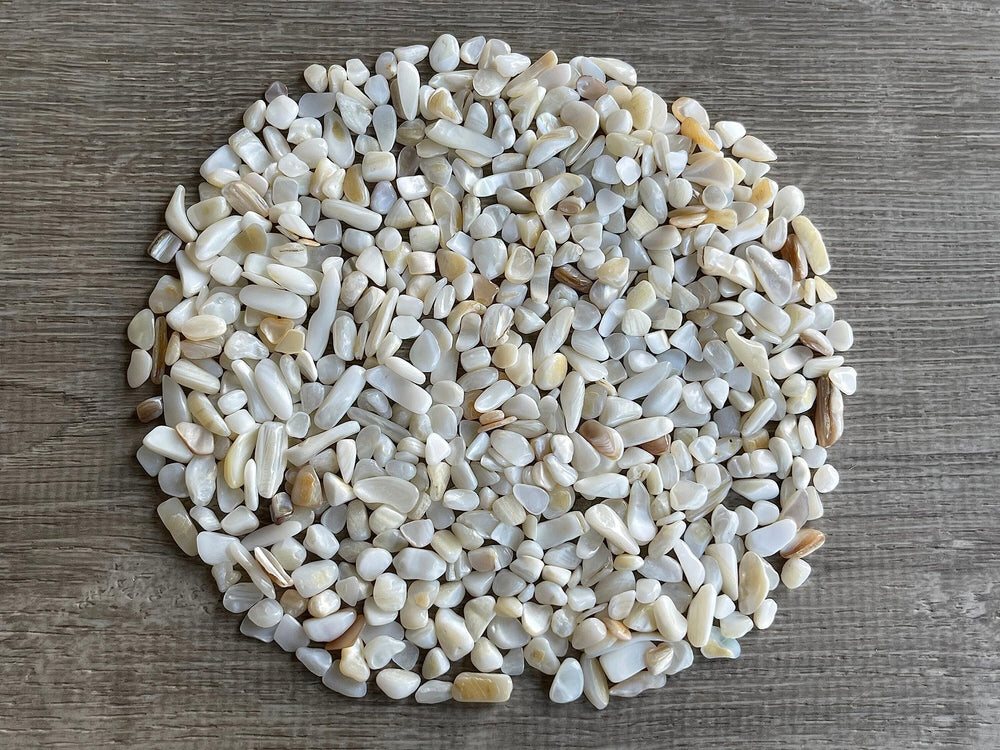 GAF TREASURES Mother of Pearl chips 5mm-18mm versatile sizes for craft assemblies and inlays.