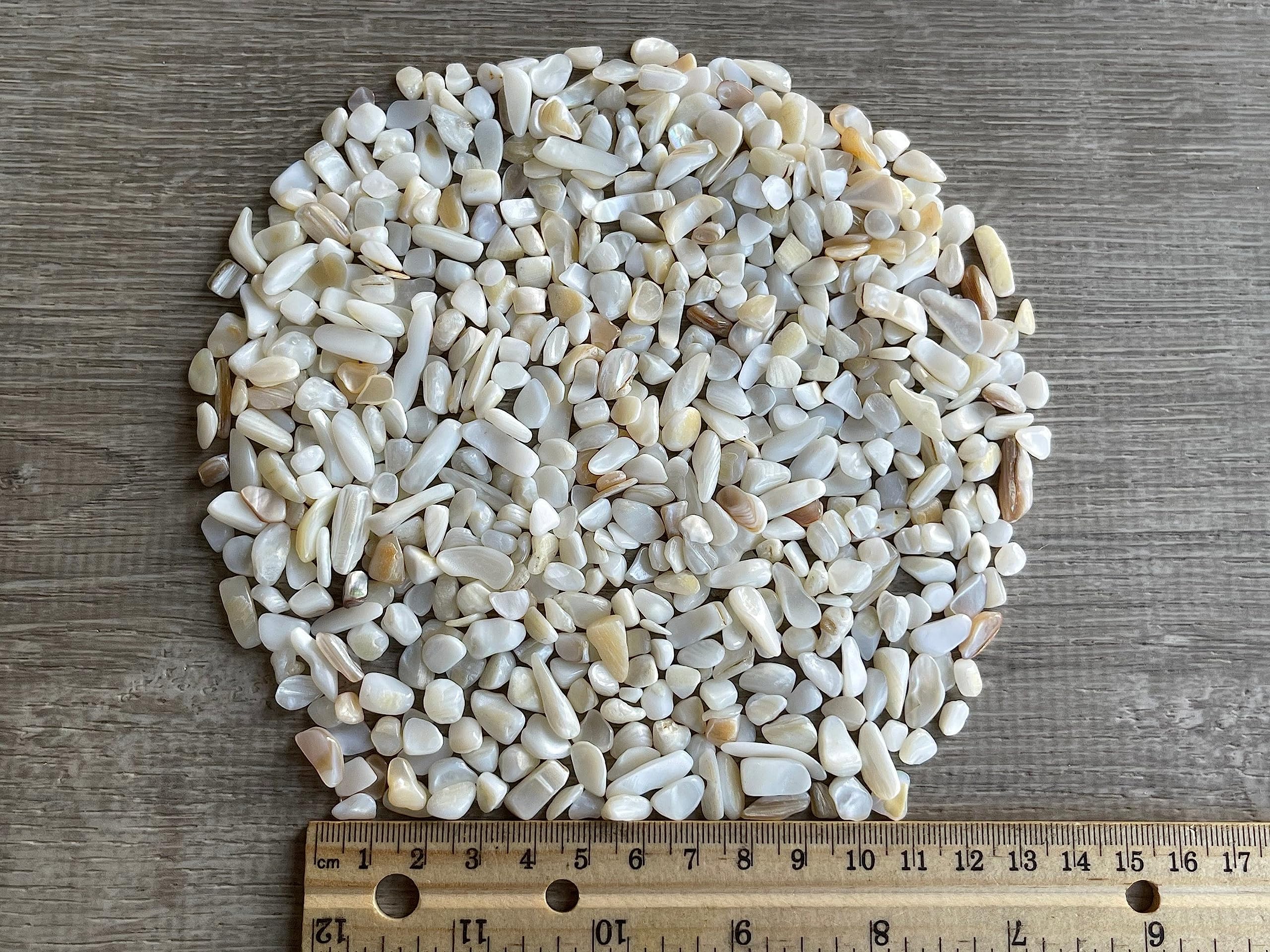 GAF TREASURES mother of pearl chips natural semi-tumbled finish adds subtle sparkle.