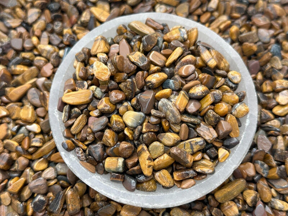 GAF TREASURES natural tiger eye chips close-up highlighting semi-tumbled texture for crafts