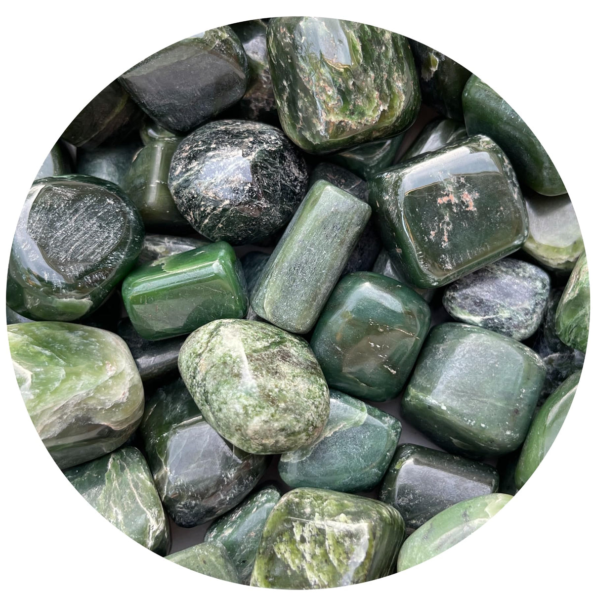 GAF TREASURES nephrite jade tumbles in a half-pound batch for versatile energy-work uses.