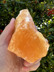 GAF TREASURES orange calcite rough stone on display shelf for natural decor.