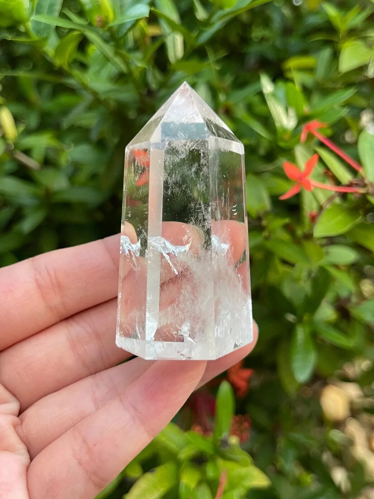 GAF TREASURES Premium Clear Quartz Obelisk side angle highlights energy amplification for focus.