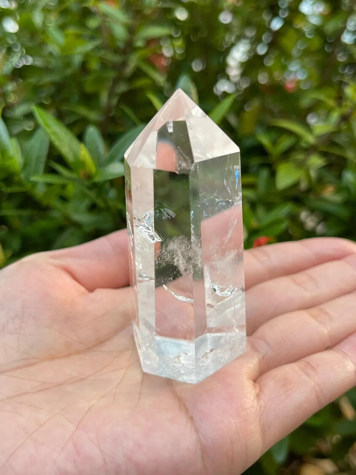 GAF TREASURES Premium Clear Quartz Obelisk top view reveals shimmering clarity for rituals.
