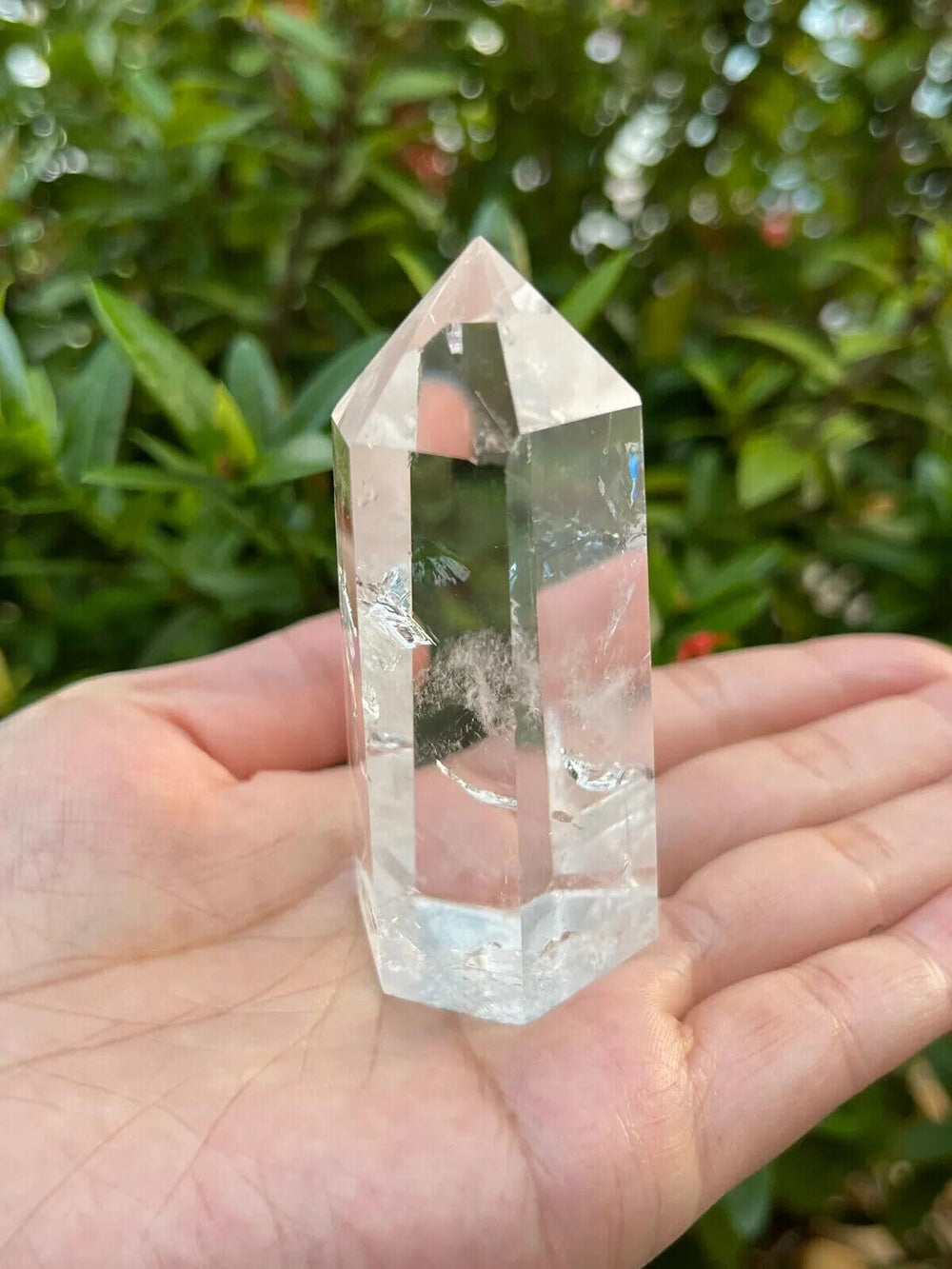 GAF TREASURES Premium Clear Quartz Obelisk top view reveals shimmering clarity for rituals.