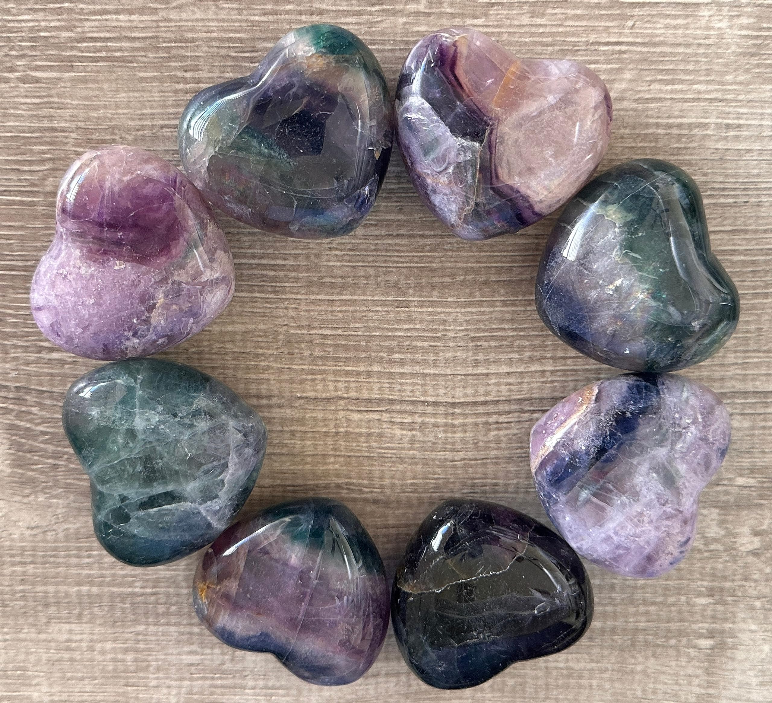 GAF TREASURES Rainbow Fluorite Heart closeup reveals vibrant color bands for mindful focus
