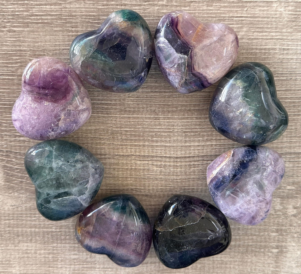 GAF TREASURES Rainbow Fluorite Heart closeup reveals vibrant color bands for mindful focus