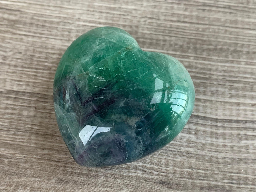 GAF TREASURES Rainbow Fluorite Heart polished surface highlights smooth texture and shine
