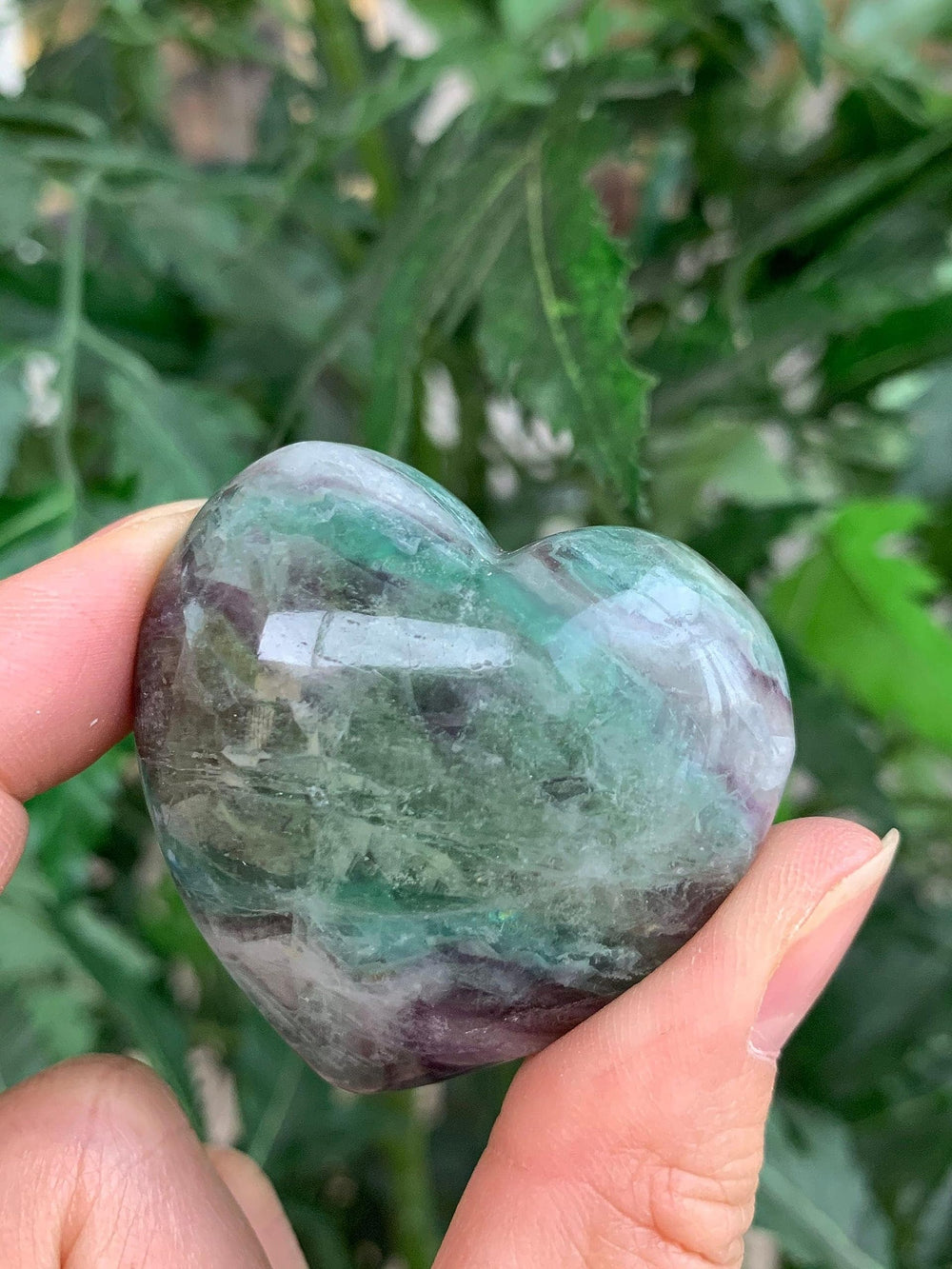 GAF TREASURES Rainbow Fluorite Heart worry stone in hand invites quick stress relief